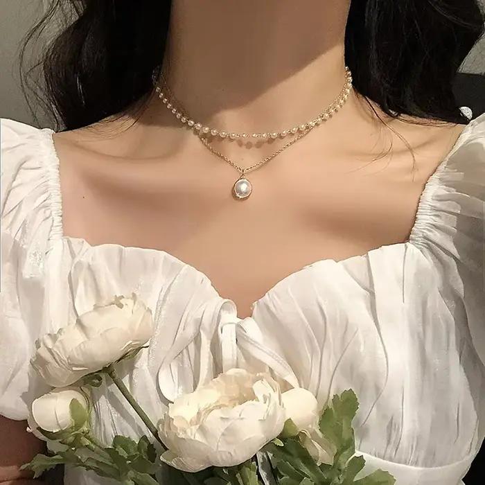 Ensemble de colliers de perles pour femmes, en or 14K, pendentif en forme de cœur, tracker d'humeur, pour occasions spéciales et tenues de soirée