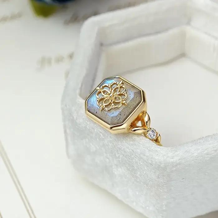 LAMOON Vingtage Bijou bague en Labradorite naturelle pour femmes bagues en pierres précieuses 925 en argent Sterling or Vermeil élégant bijoux fins