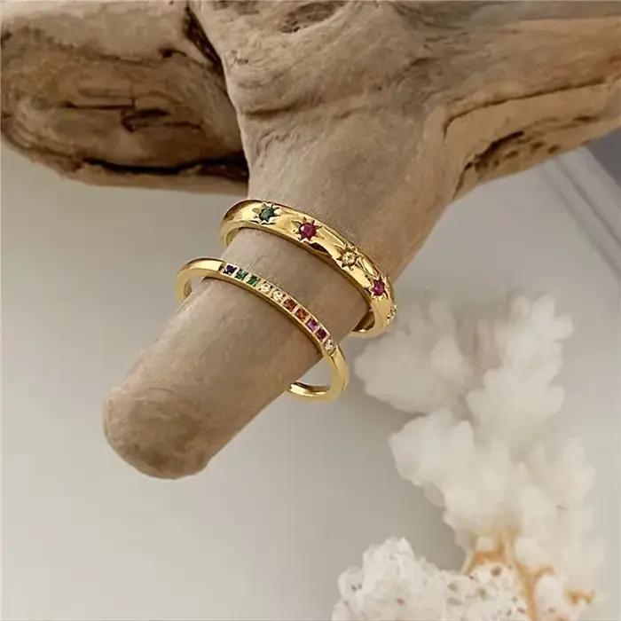2 pièces/ensemble en acier inoxydable couleur arc-en-ciel cubique Zircon pierre bagues pour femmes INS