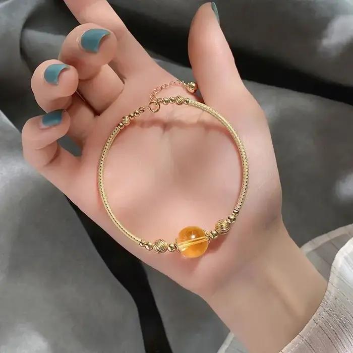 Cristal blond naturel cheveux denses perles porte-bonheur rondes simples plaqué or 14K Bracelet enroulé en or Citrine Collection bijoux pour femmes