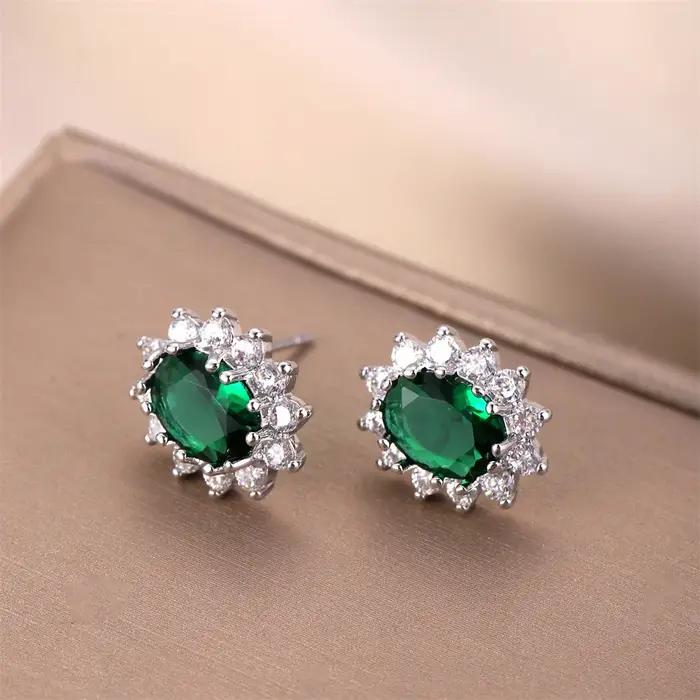 Boucles d'oreilles ovales en pierre pour femmes, bleu Royal, rouge, vert, fleur, couleur argent, lux