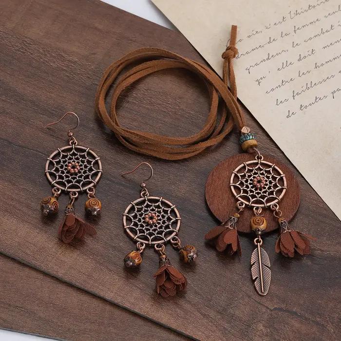 Ensemble de collier pendentif ReplCatcher pour femme, cuir, plume, bois, perle, fleur, bohème, vinta