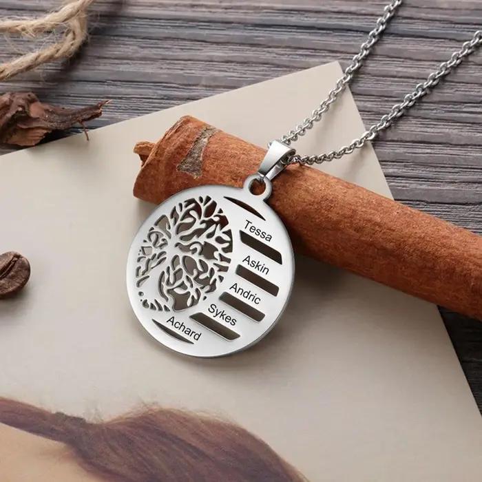 Collier avec nom sculpté de famille arbre de vie pour femmes, chaîne en acier inoxydable, collier pe