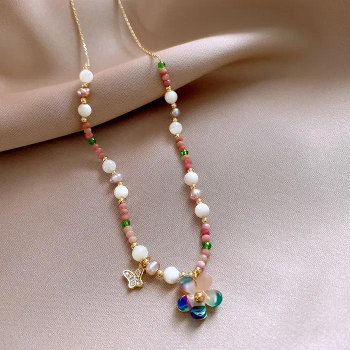 DREJEW Beizhu pierre rouge perles fleurs papillon collier pour femmes Dopamine vacances Style doux luxe concepteur bijoux