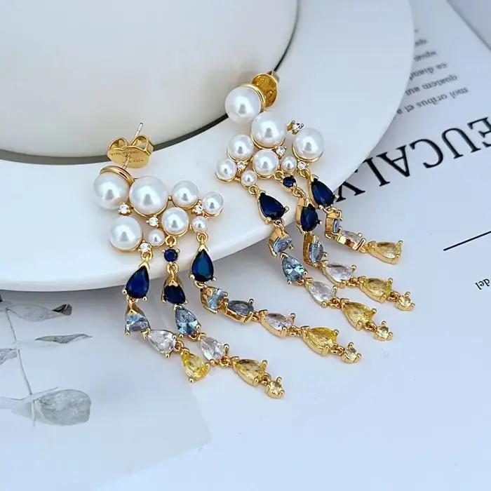 Edward Era rétro perle Bijoux pour femmes 14K or rempli bleu pierre précieuse