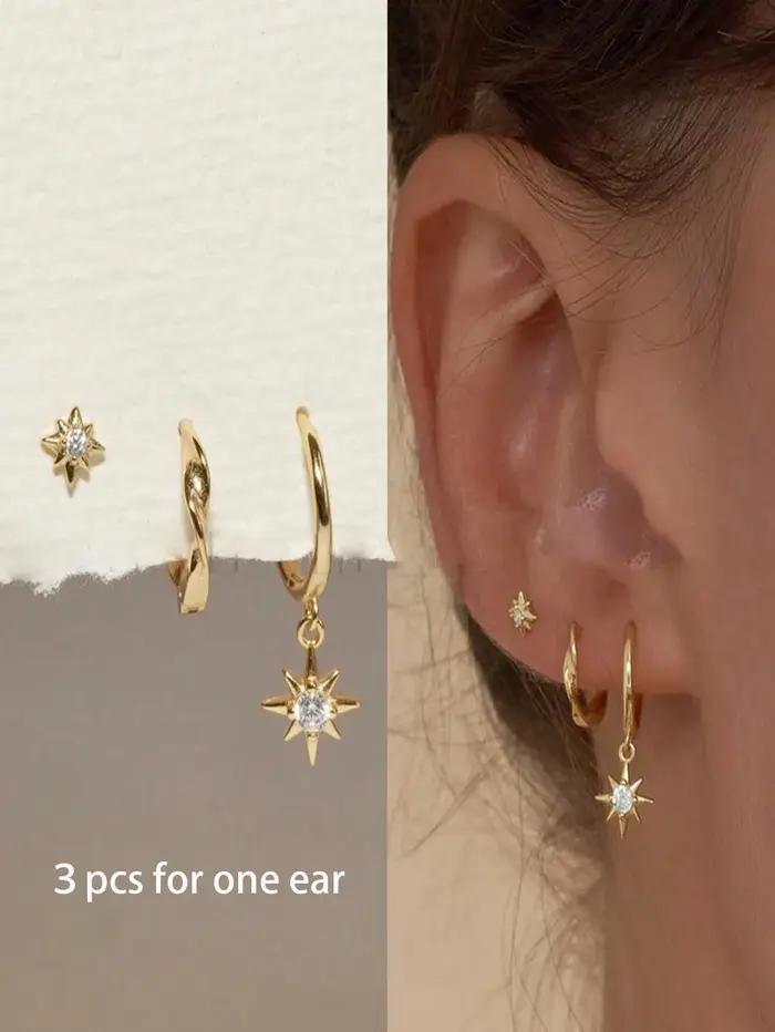 Boucles d'oreilles créoles en zircone cubique avec nœud en forme d'étoile dorée pour femmes, style classique, orifice Helix, Tragus, Cartilage, Huggie, bijoux de perçage polyvalents