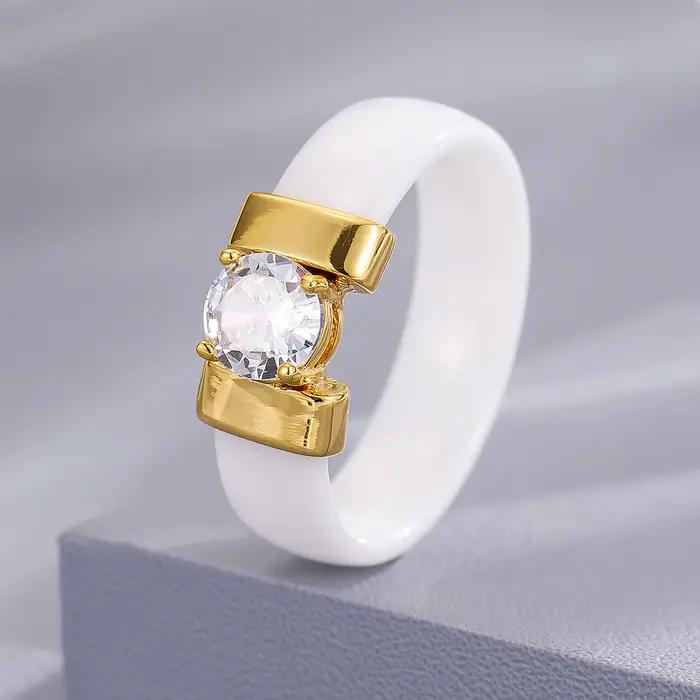 Bague en céramique minimaliste, bague ronde en zircon synthétique, bague pour femme de luxe léger et