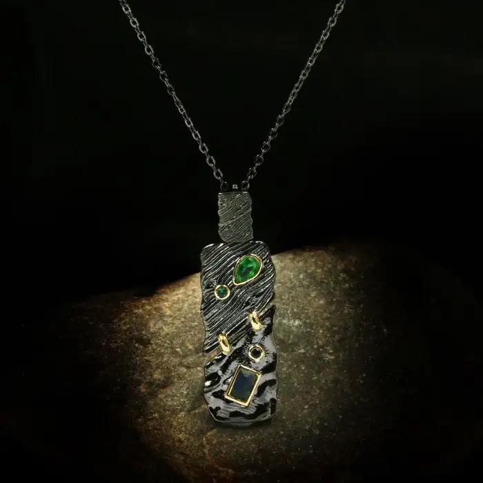 Bijoux créatifs en or noir pour femme bague en relief pierre de document noire collier style ethnique rétro boucles d'oreilles 3 pièces engagement