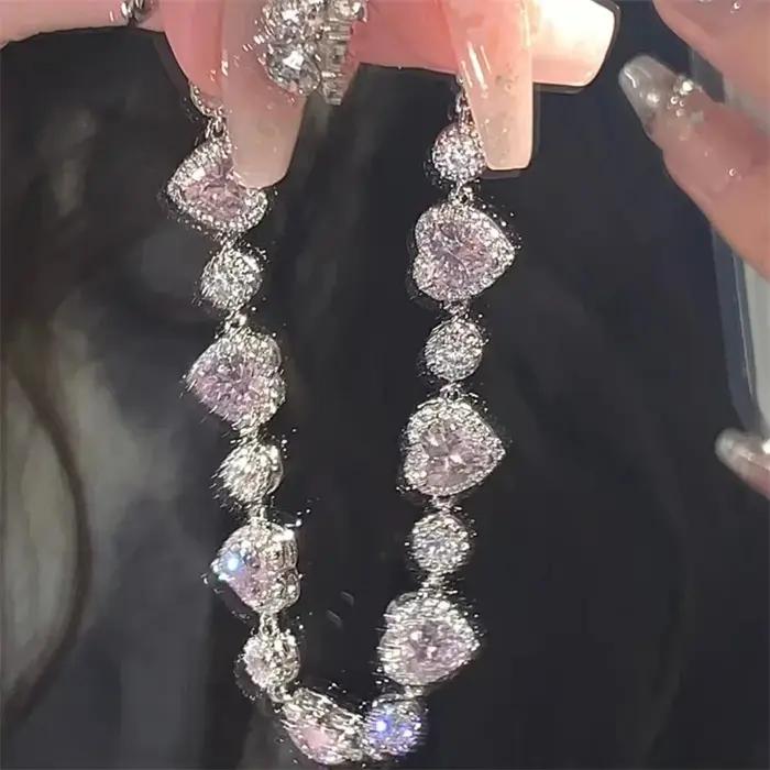 Bracelet de luxe en forme de cœur en pierre rose pour petite amie