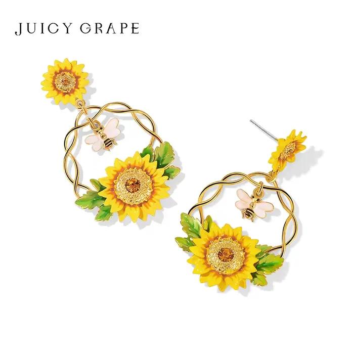 Bijoux en émail tournesol raisin juteux plaqués d'or 18 carats émail peint à la main pour femmes occasions spéciales mariage party élégance sophistiquée