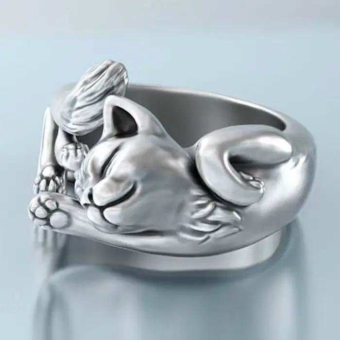 Nouveau Vintage mignon chat anneaux femmes bijoux cadeau d'anniversaire à la mode taille ouverte 925 bague en argent Sterling fille accessoires de fête KOFSAC