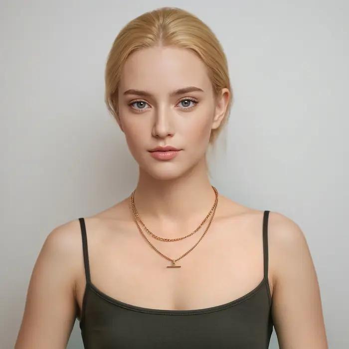 Collier superposé pour femme minimaliste empilable - Plaqué or 18 carats en acier inoxydable hypoallergénique élégant double chaîne bijoux