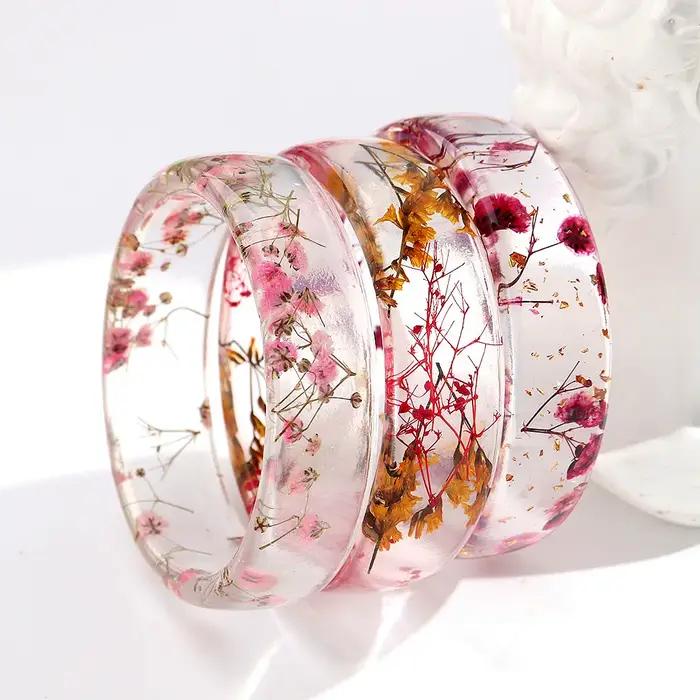 Nouveau bracelet large en résine époxy avec fleurs séchées pour femme