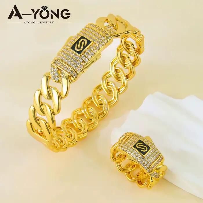 Parure de bijoux en zirconium de mode arabe, plaqué or 24 carats, pour mariée nigériane, bracelet et bagues punk, bijoux hip-hop pour femmes de Dubaï