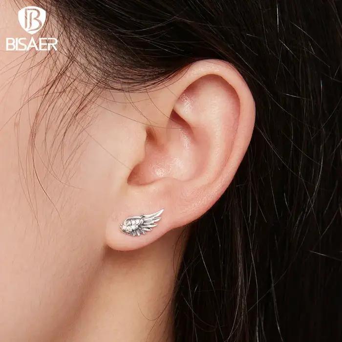 BISAER 925 en argent Sterling Vintage aile d'ange boucles d'oreilles scintillant Zircon boucle d'oreille pour les femmes Couples fête bijoux fins cadeau