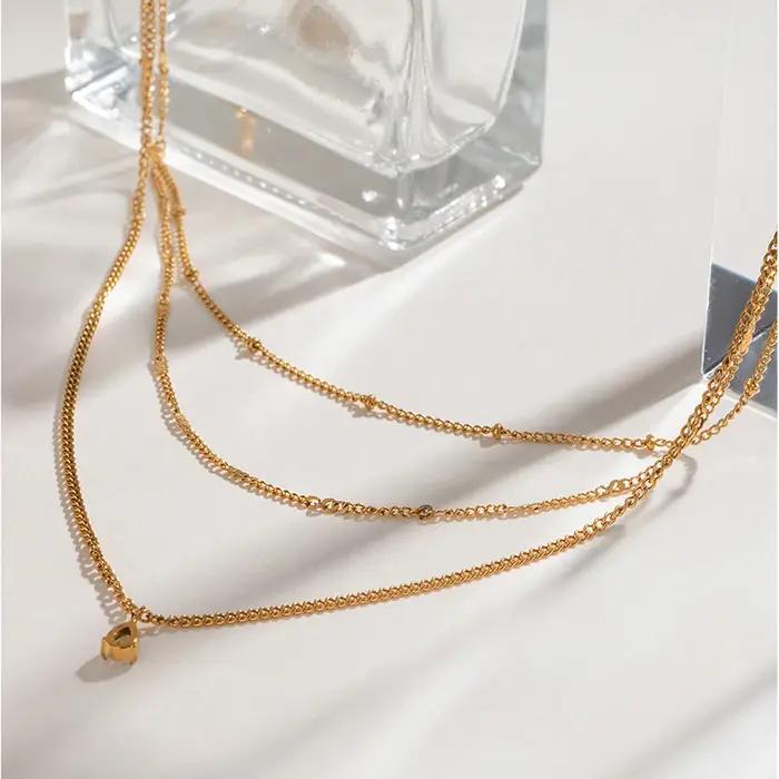 Collier Trois Couches en Acier Inoxydable Plaqué Or 18 Carats avec Pendentif Zircon Pour Femmes Usage Quotidien Soirées Élégantes