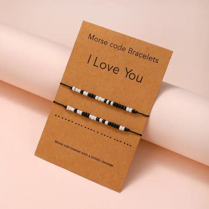 Je t'aime classique Code Morse Bracelets pour femme hommes noir et blanc perles de riz tressé Couple