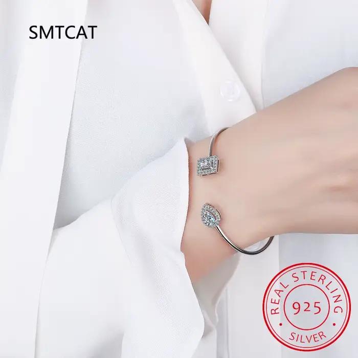 Bracelet ouvert ajustable en argent sterling 925 avec moissanite taille radiant et diamant goutte d'eau pour femme, idéal pour mariage