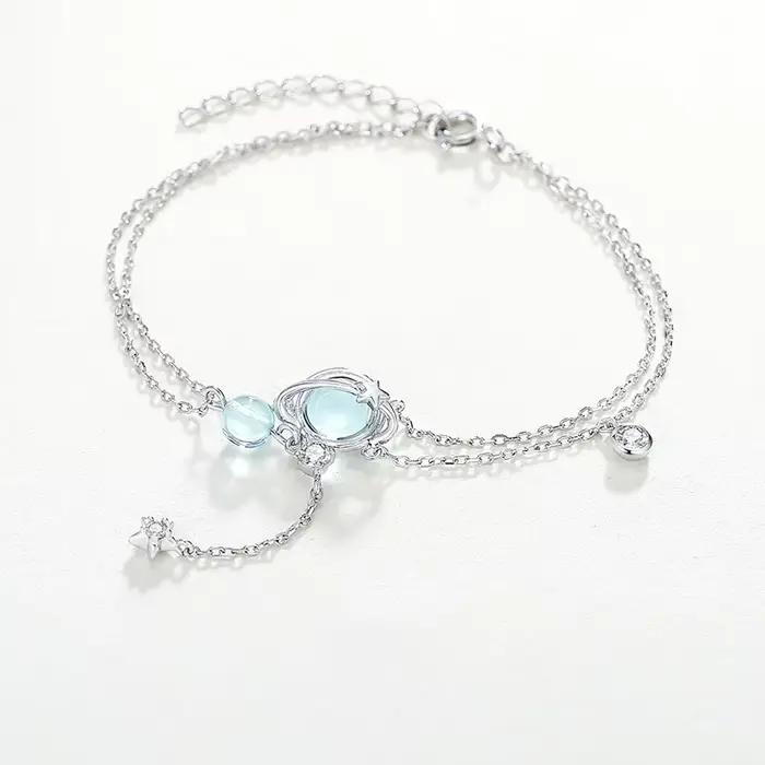 Double Bracelet en argent Sterling 925 de 19CM, aigue-marine incrustée de cristal, bijoux tendance f