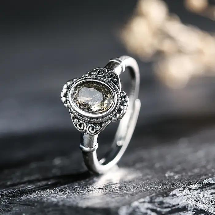 Bague rétro classique en argent sterling S925 sertie de pierres précieuses naturelles