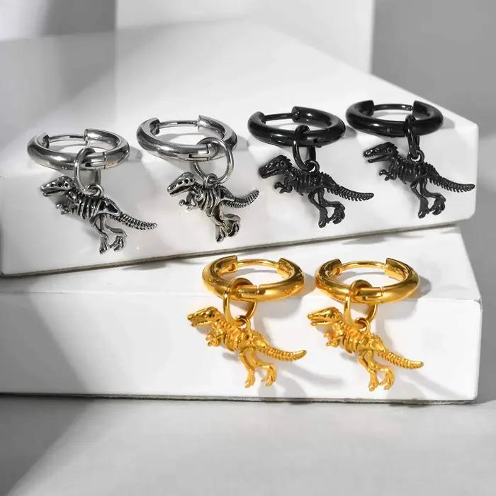 Boucles d'oreilles créoles de dinosaure hypoallergénique en acier inoxydable pour homme passionné d'histoire jurassique et de science