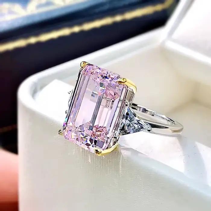 Bague de fiançailles Vintage en argent 925, topaze taille émeraude et Quartz rose 10*14mm avec diamants de laboratoire, bijoux de mariage fins pour femmes