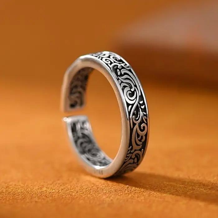 Bague en argent sterling 925 réglable avec motifs rétro pour femme et homme