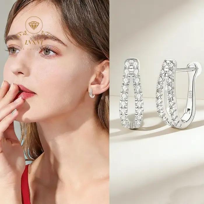Boucles d'oreilles en argent en forme de U incrustées de moissanite et de diamants double rangée