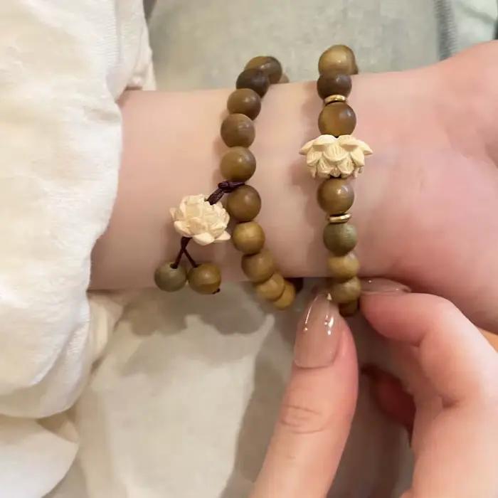 Bracelets Vintage en bois avec pendentif fleur de Lotus pour femmes et filles