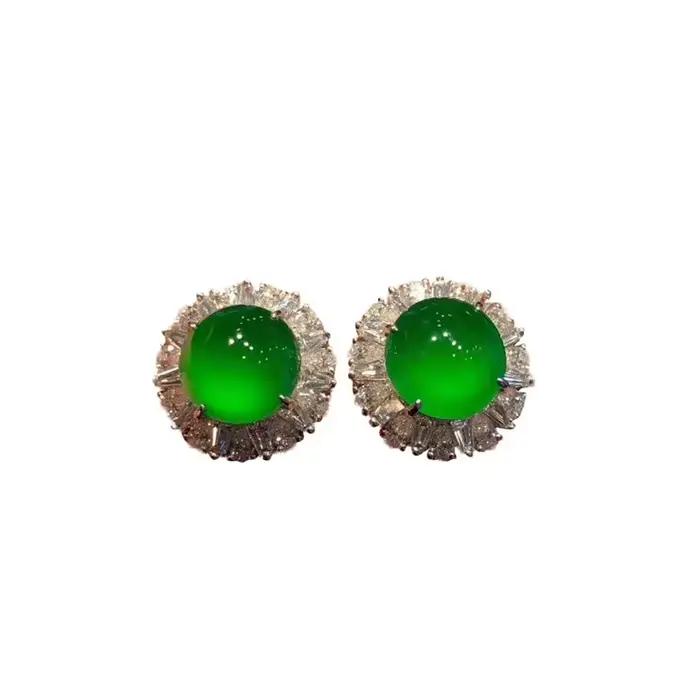 Grandes boucles d'oreilles en calcédoine verte Hetian naturelle incrustée, fleur ronde, bijoux de luxe rétro exagérés en argent, nouvelle collection