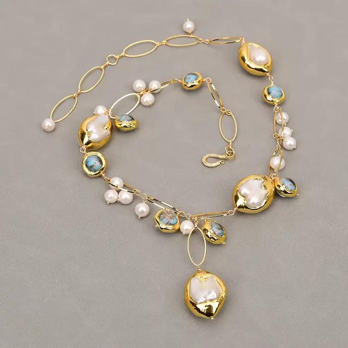 G-G Culture D'eau Douce Blanc Keshi Perle Baroque Dent Mabe Perle Bleu Verre De Murano Collier Fait