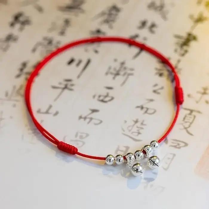 Bracelets de cheville en corde rouge tissée pour femmes avec cloches, perles de chance bouddhistes a