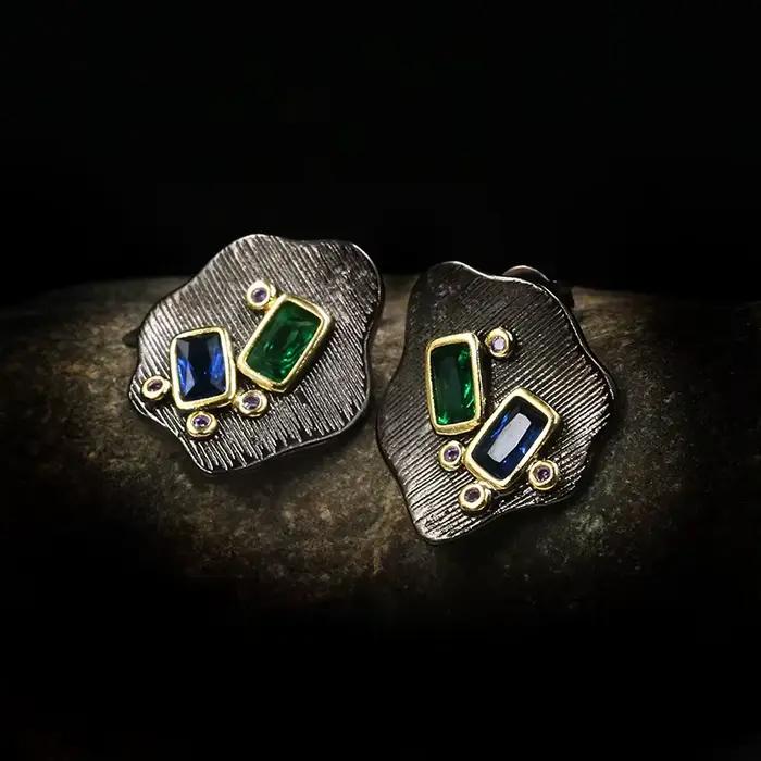 Boucles d'oreilles de luxe en argent sterling 925 avec pierres précieuses géométriques émeraudes, style rétro antique, bijoux africains, cadeau