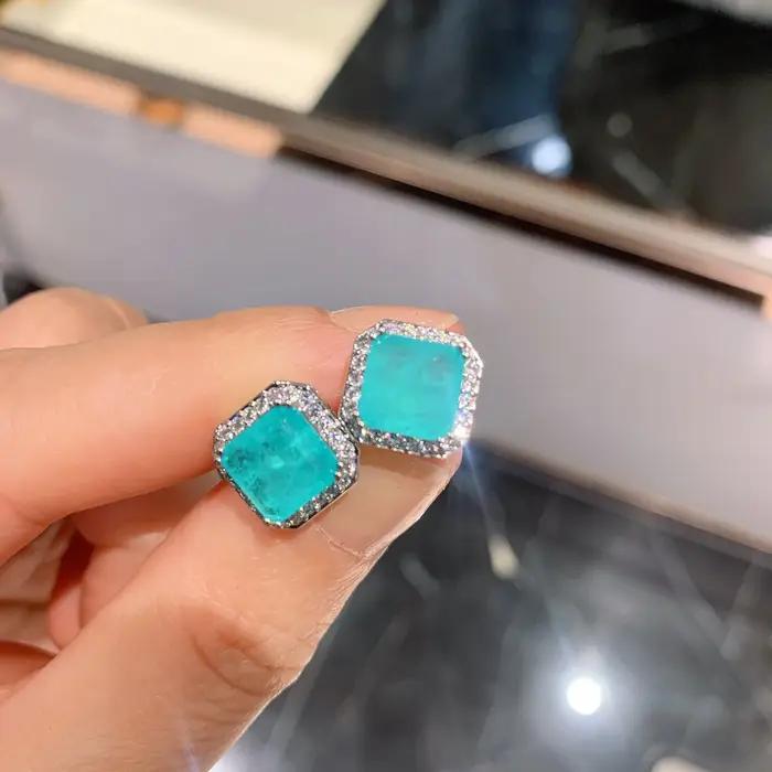 Boucle d'oreille carrée en tourmaline émeraude Paraiba pour femme