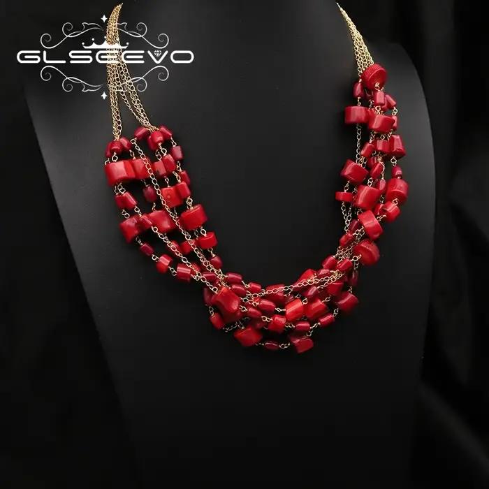 GLSEEVO – collier multicouches en corail rouge pour femmes