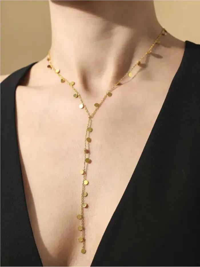 Collier long à pampilles multi-modèles en acier inoxydable plaqué or pour femmes modernes occasions spéciales et quotidienne