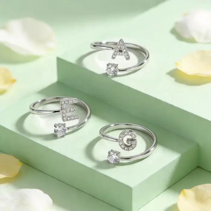 Bagues Chic en Zircon avec Initiale A-Z pour Femmes et Filles