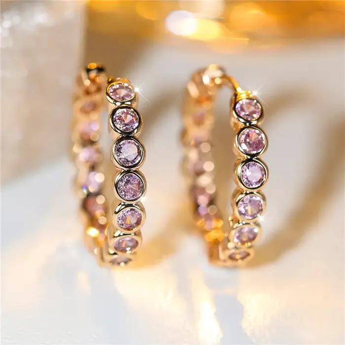 Boucles d'Oreilles Rondes Roses en Or Jaune pour Femme, Bijoux de Mariage de Luxe