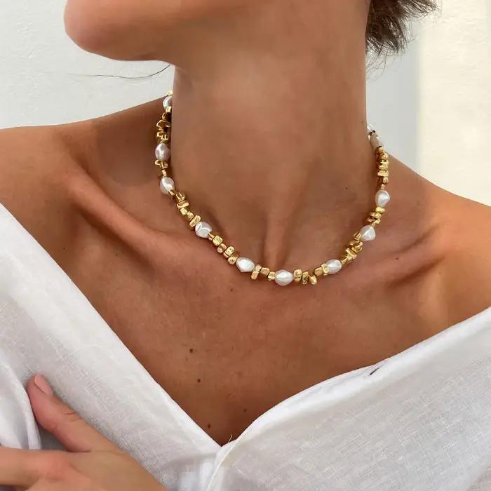 Collier ras du cou KunJoe élégant en imitation perle pour femmes, couleur or rétro, chaîne de clavic