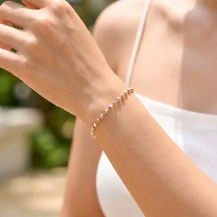 Bracelet à billes texturées bicolores pour femmes, chaîne délicate en acier inoxydable plaqué or 18 carats, résistant au ternissement et à l'eau