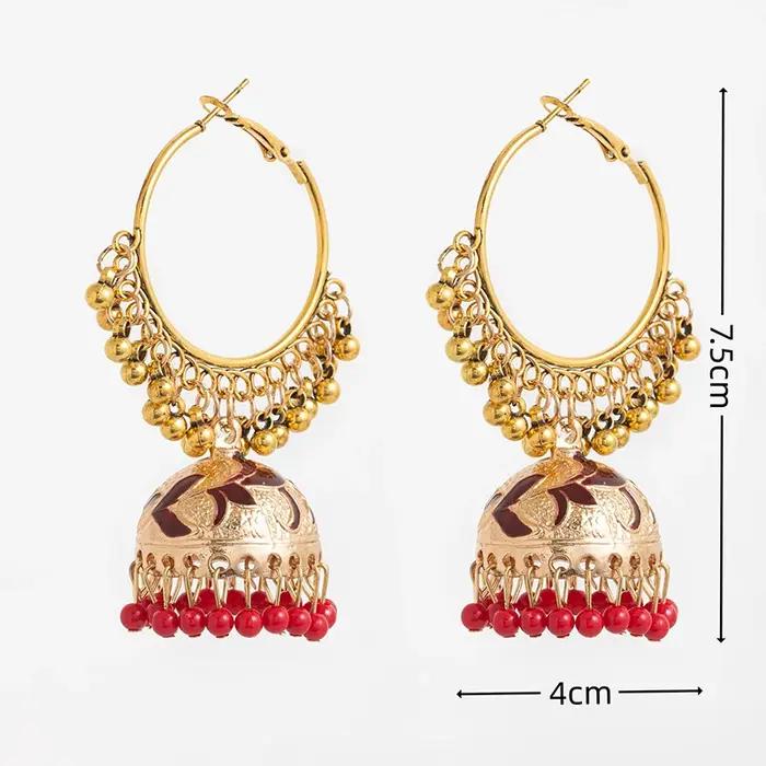 Boucles d'oreilles Jhumka grand rond couleur or pour femmes bijoux vintage ethnique émail fleur cloche bohème occasions spéciales