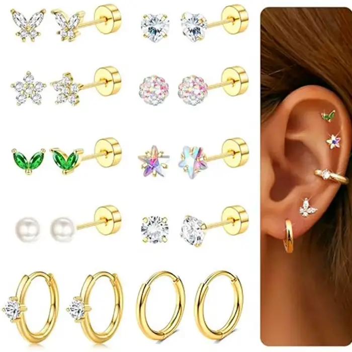 Ensemble de boucles d'oreilles en acier chirurgical hypoallergénique, cerceaux, Tragus, Cartilage, Piercing, dos plat, bijoux pour femmes