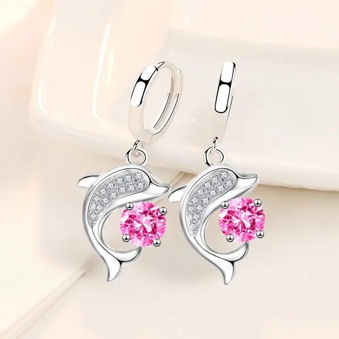 Mignon petit dauphin jouant boule boucles d'oreilles Aqua bleu cristal rond pierre cerceau boucle d'oreille pour les femmes couleur argent océan Animal bijoux