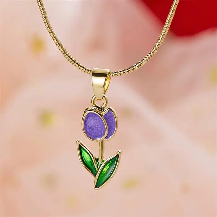 Collier Vintage élégant avec pendentif en forme de tulipe pour femmes mode esthetique fleurs chaine de clavicule ras du cou bijoux de fête de mariage occasions spéciales
