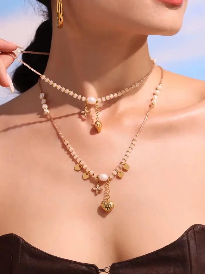 Collier pendentif coeur d'amour pour femmes, en acier inoxydable plaqué or avec perle d'eau douce, bijoux de luxe pour Banquet, charmant