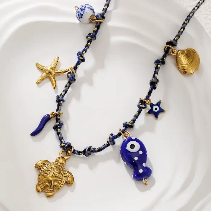 Collier pendentif style marin pour femmes avec chaîne tissée à la main et breloques pour vacances d'été fêtes plage vêtements de festival cadeau pour elle