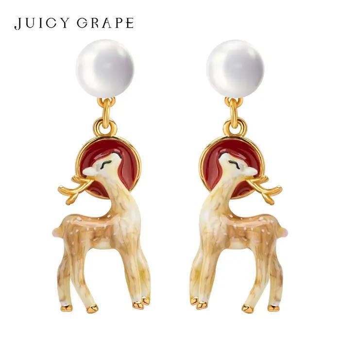 Juciy raisin 3D stéréoscopique Sika cerf boucles d'oreilles 925 argent aiguille à la main émail bijoux cerf boucles d'oreilles cadeau Unique