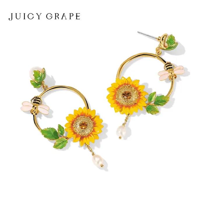 Bijoux en émail tournesol raisin juteux plaqués d'or 18 carats émail peint à la main pour femmes occasions spéciales mariage party élégance sophistiquée