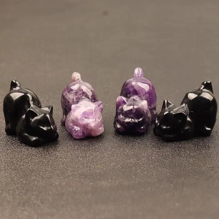 Figurine de chat mignon en quartz rose sculpté, pierre naturelle, jouet de dessin animé, mini artisanat en jade, décoration chakra en obsidienne