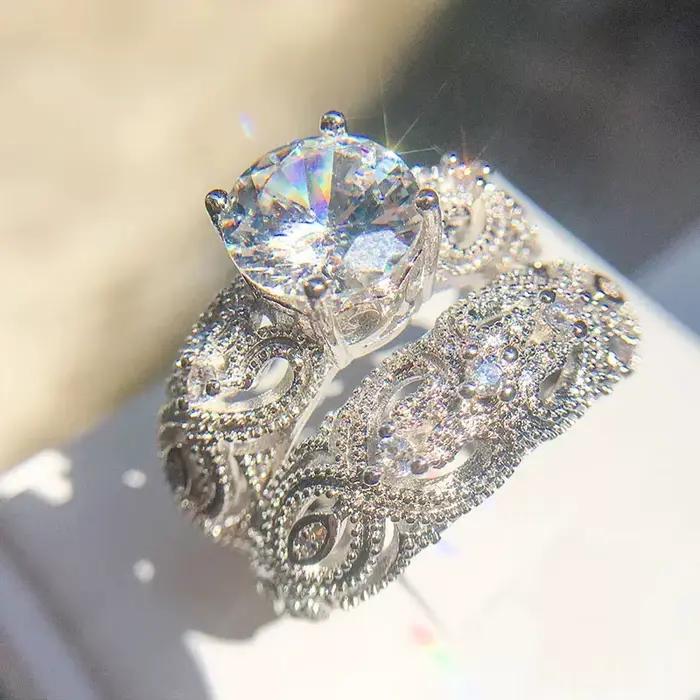 Bague de fiançailles en argent regardé 925 pour femme, cristal blanc, ensembles de patients de maria